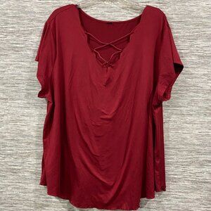 Womens Plus Size 3XL Red Crisscross V-Neck Short Sleeve Tunic Top